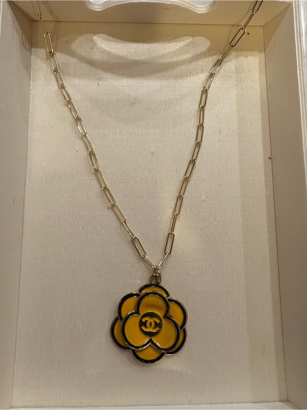 Upcycled Yellow and Black Camellia Pendant Necklace between 22”